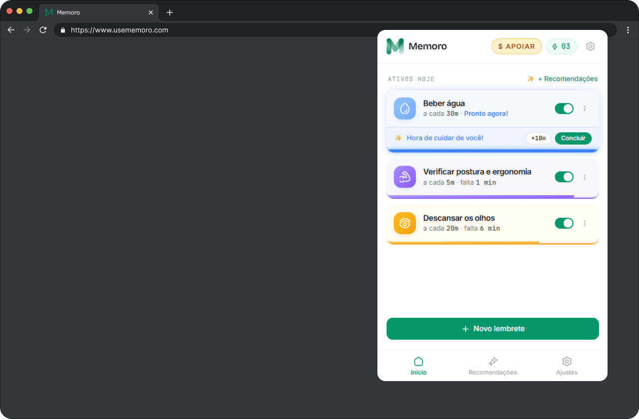Captura de tela do popup da extensão Memoro exibindo lembretes ativos de postura, hidratação e descanso visual